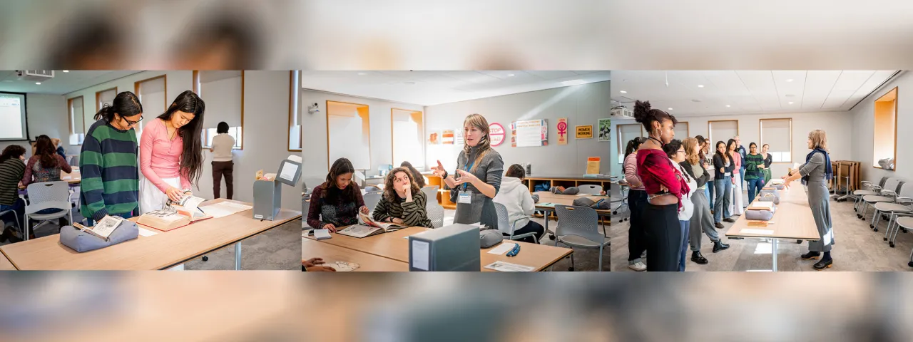 Collage of images of Erin McGuirl with students in Special Collections reading room