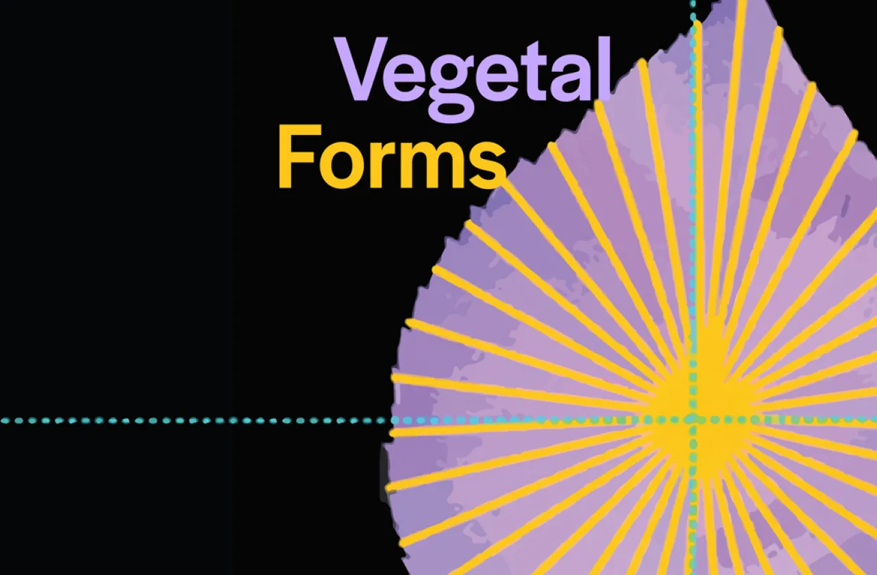 "Vegetal Forms" with graphic purple leaf, gold sunburst in the center