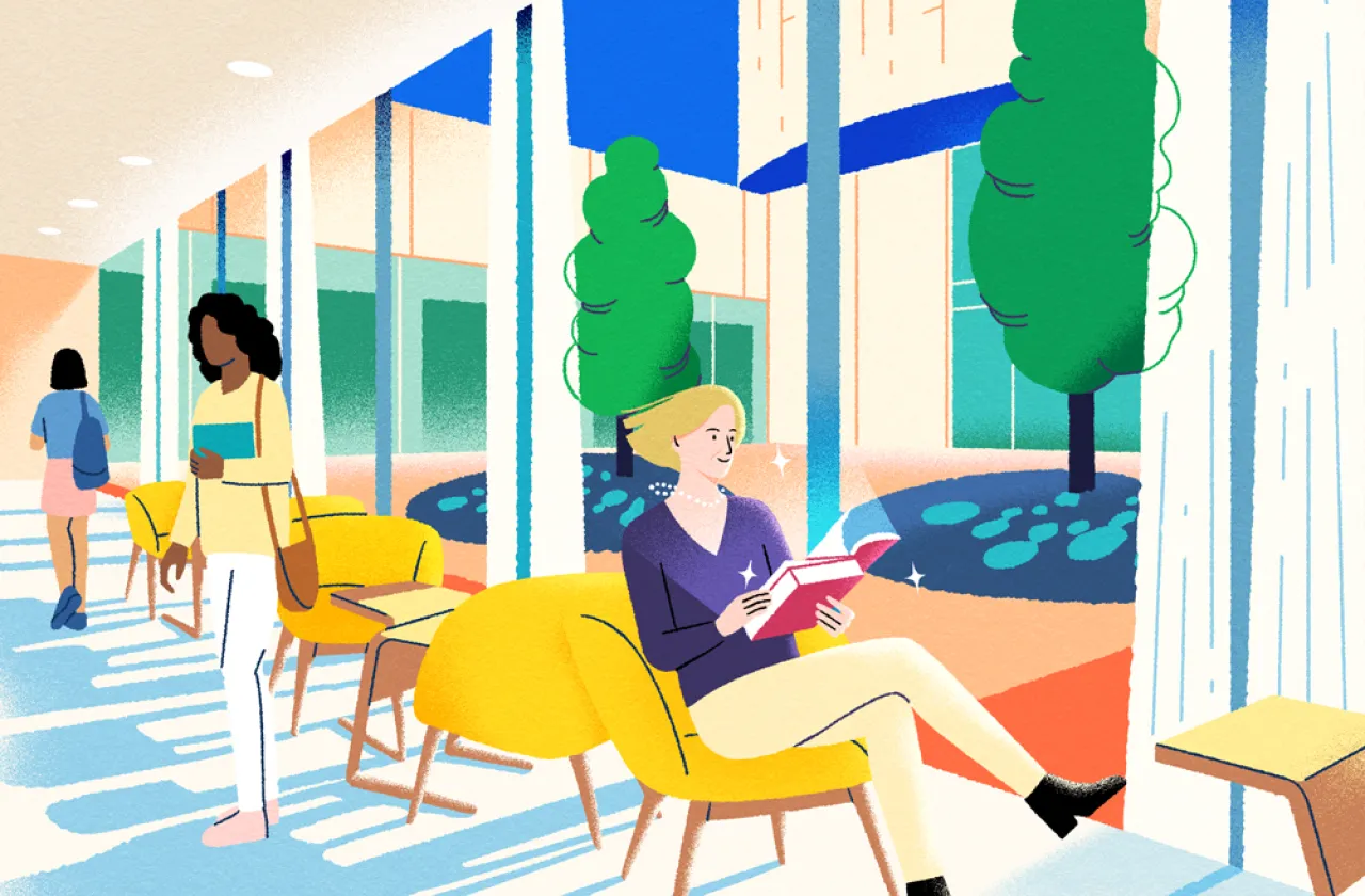 Illustration of a white student reading near the Neilson sunken courtyard.