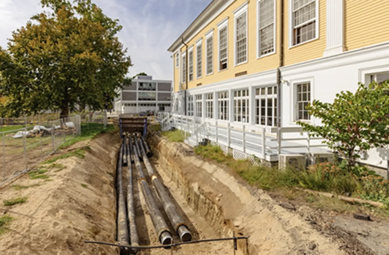 Newly laid distribution pipes next to the Davis Center