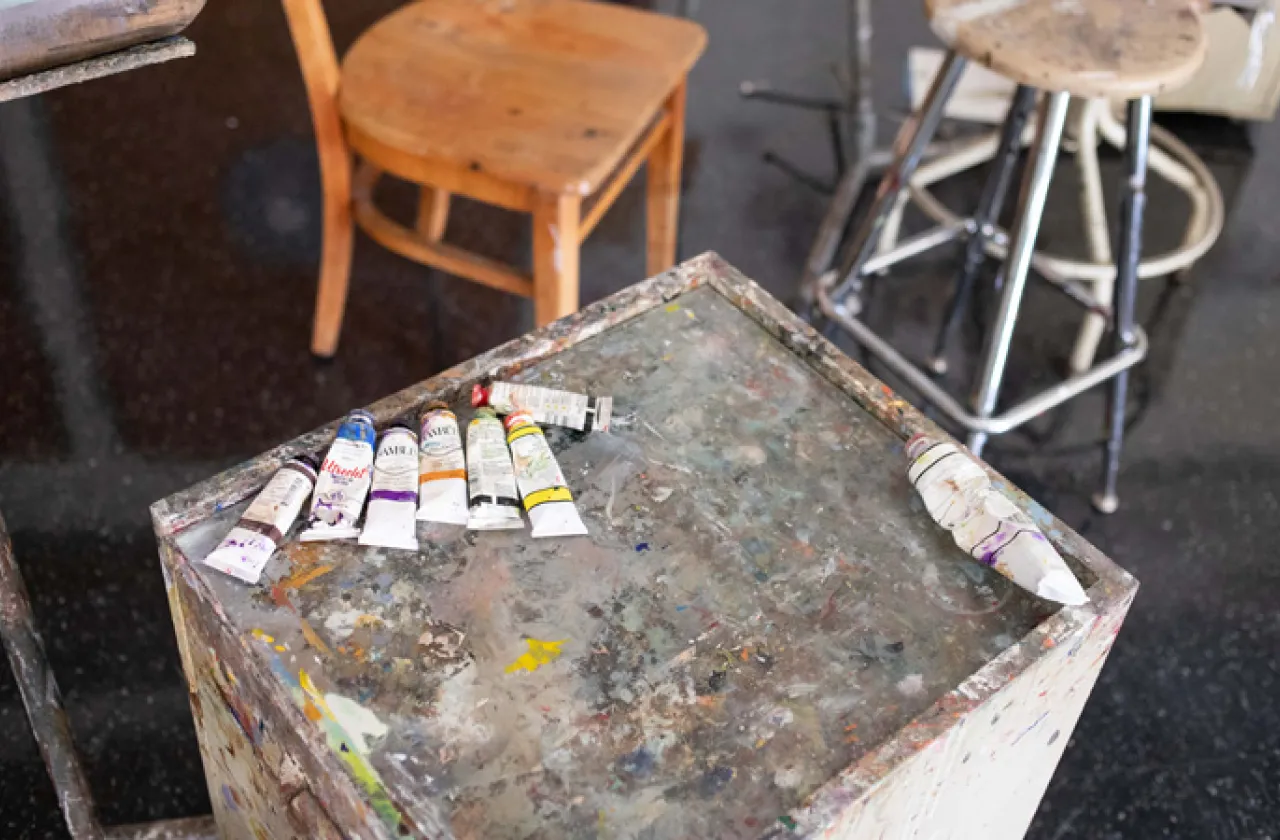 Tubes of paint on a table in Hillyer 211 painting studio