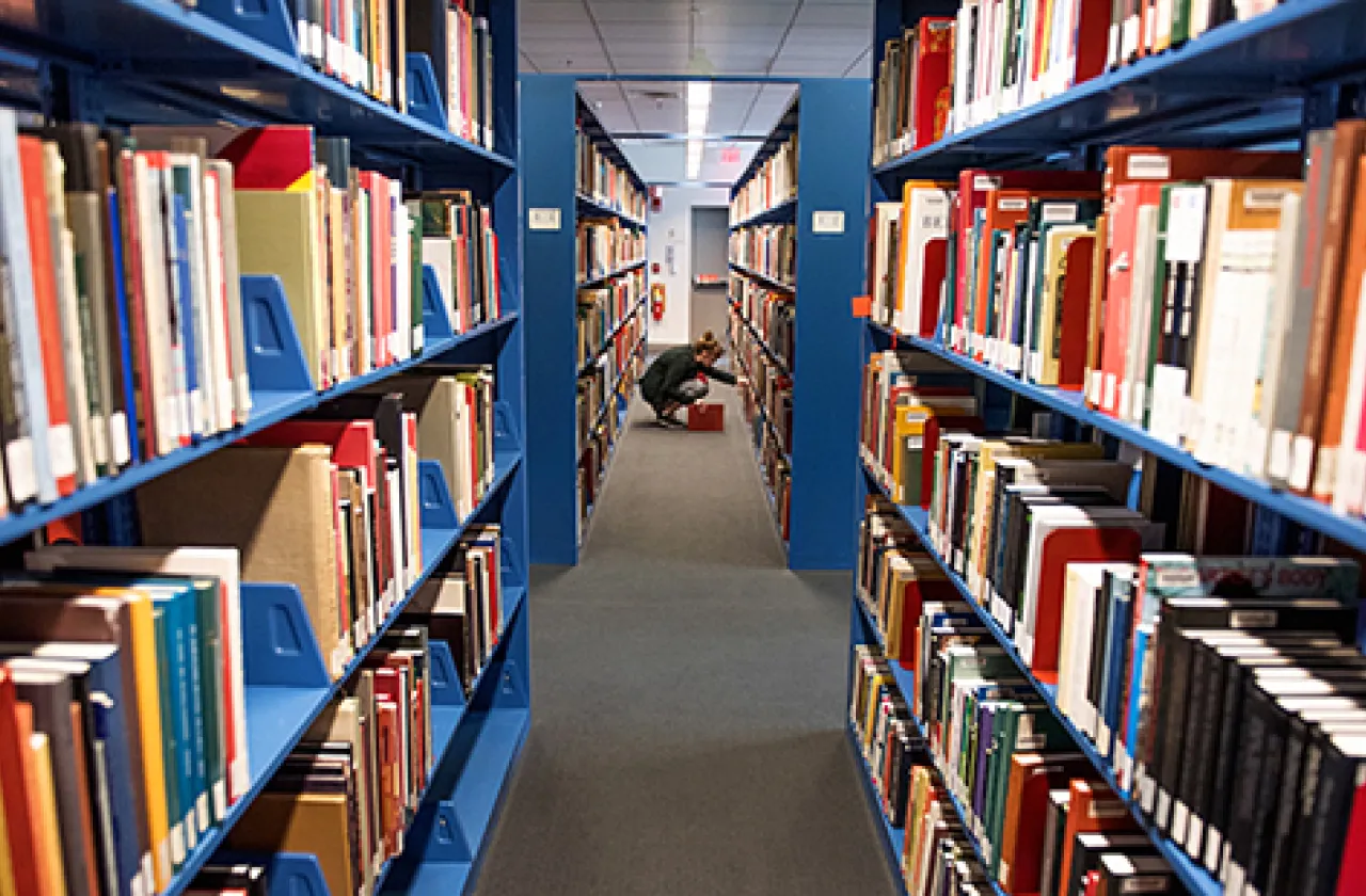 book shelves in the Hillyer Library