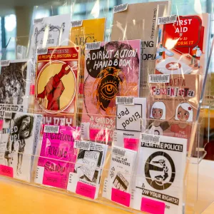 Zines on display in Hillyer Art Library