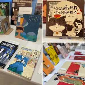 Collage of graphic novels on display