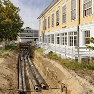 Newly laid distribution pipes next to the Davis Center