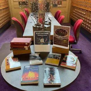 Books on exhibit in Josten Library