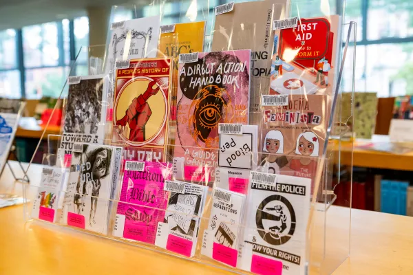 Zines on display in Hillyer Art Library