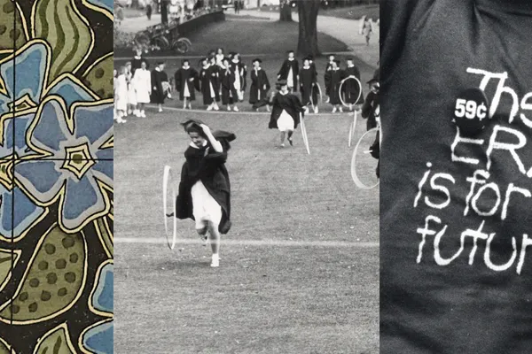 floral pattern, young women playing hoops game, girl holding sign saying girls are strong