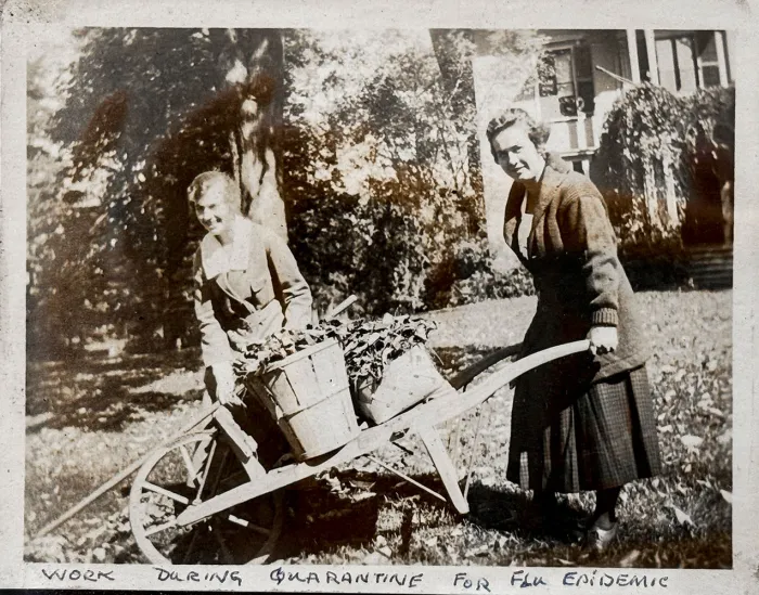 Photographs of students performing outdoor chores during the Influenza outbreak of 1918