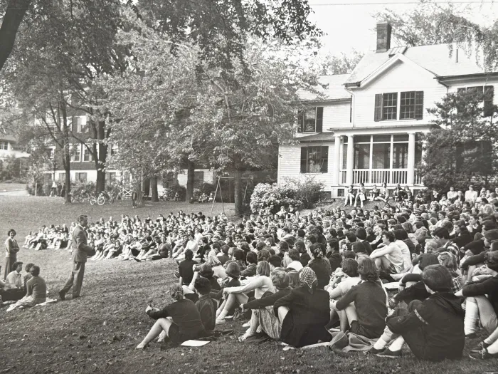 large group of students seated outdoors