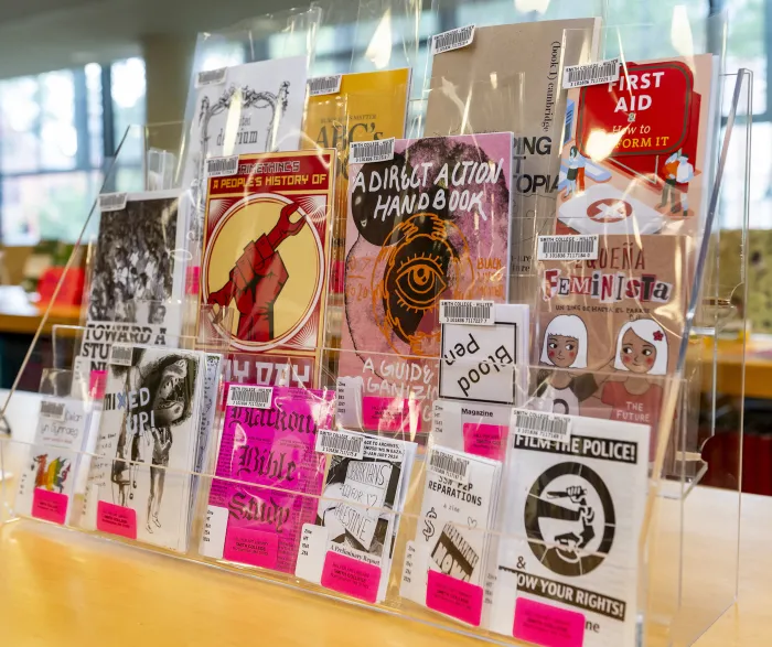 Zines on display in Hillyer Art Library