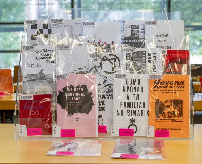 Zines on display in Hillyer Art Library