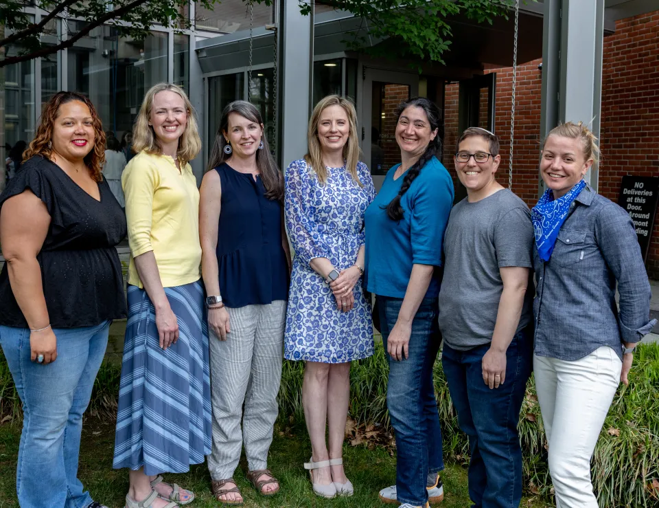 Engineering alums pose in front of Ford Hall during Reunion